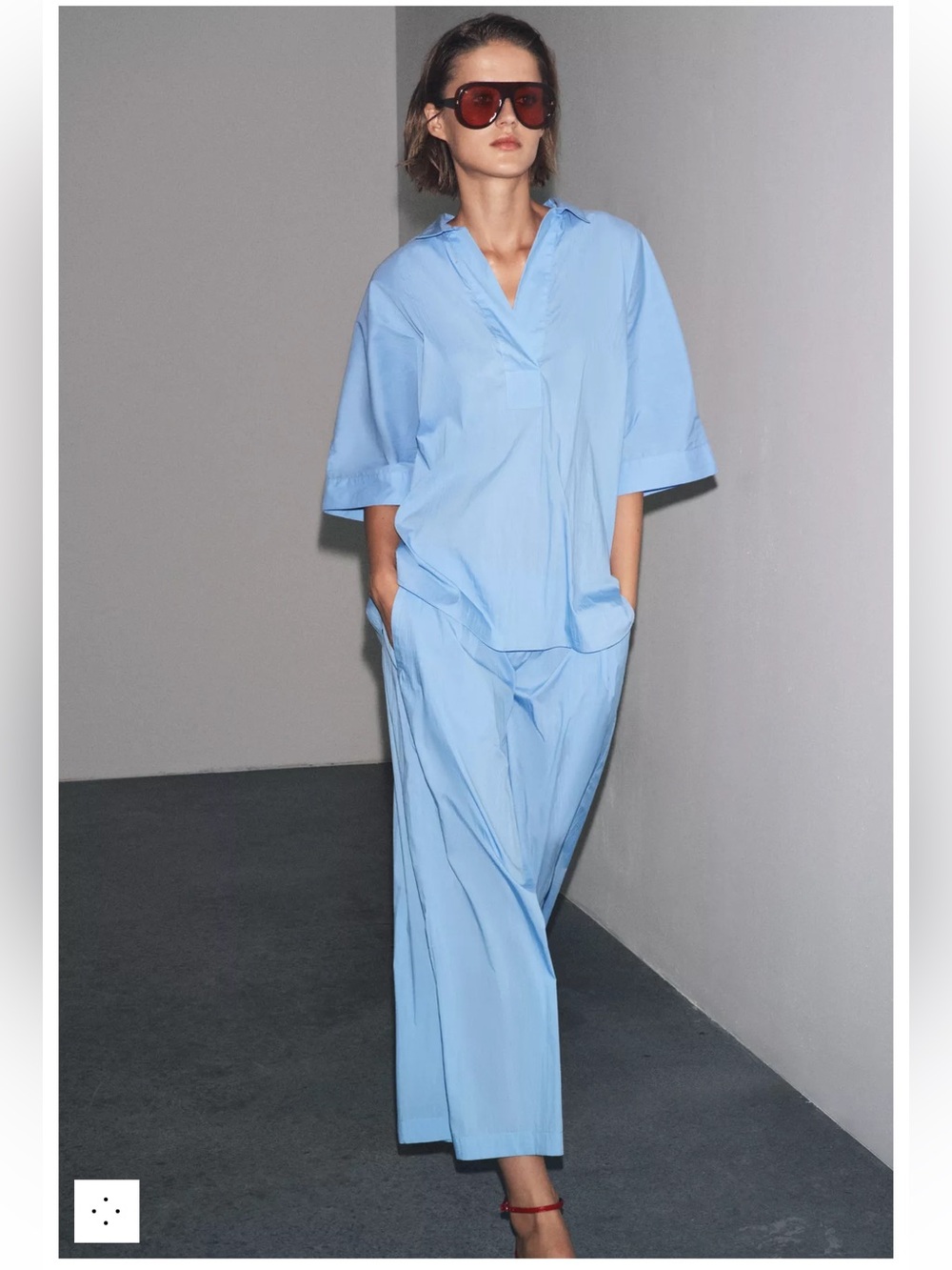 Zara Blue Wide-Leg poplin pleated Elastic Waist Pants - Picture 2 of 13